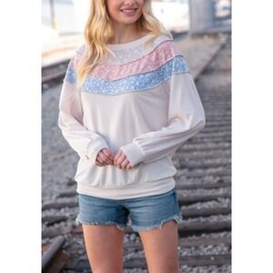 Sugarfox Floral Patchwork Seam Stitch‎ Long Sleeve Casual Sweatshirt Top 1XL